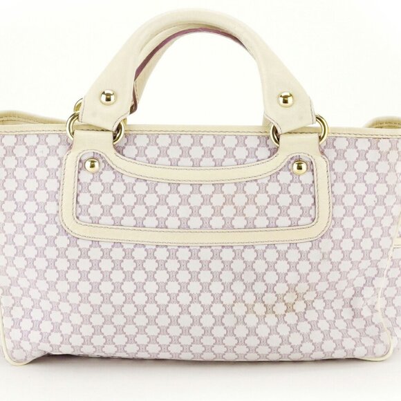 CELINE Tote Bag Macadam Beige Canvas ?~ Leather Authentic